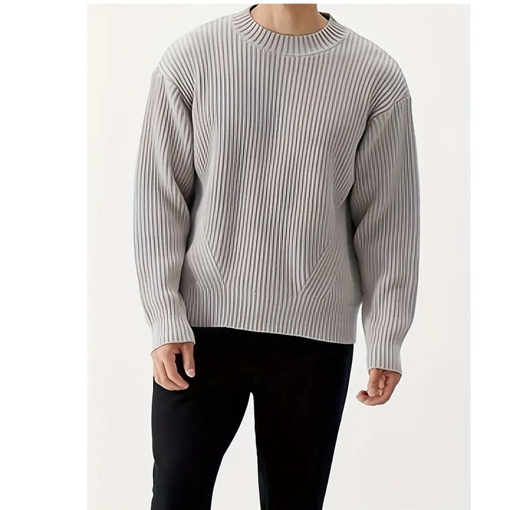 Stylish grey men's relaxed fit crewneck sweater. Ribbed knit, long sleeve, great for comfortable casual wear.
