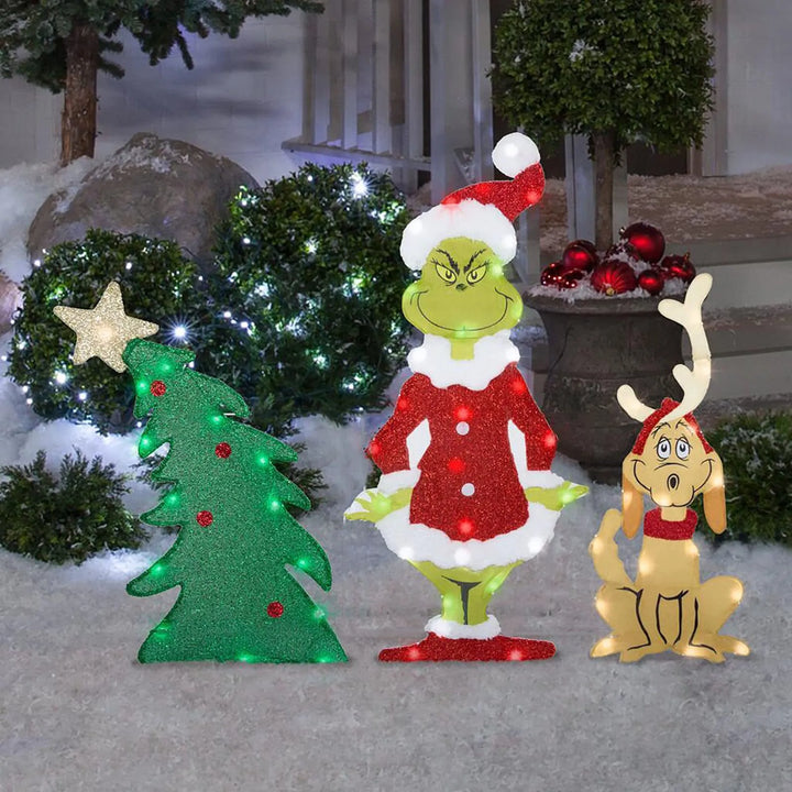 Cheerful Grinch Christmas outdoor LED decoration, bringing festive light to your garden and yard for holidays.