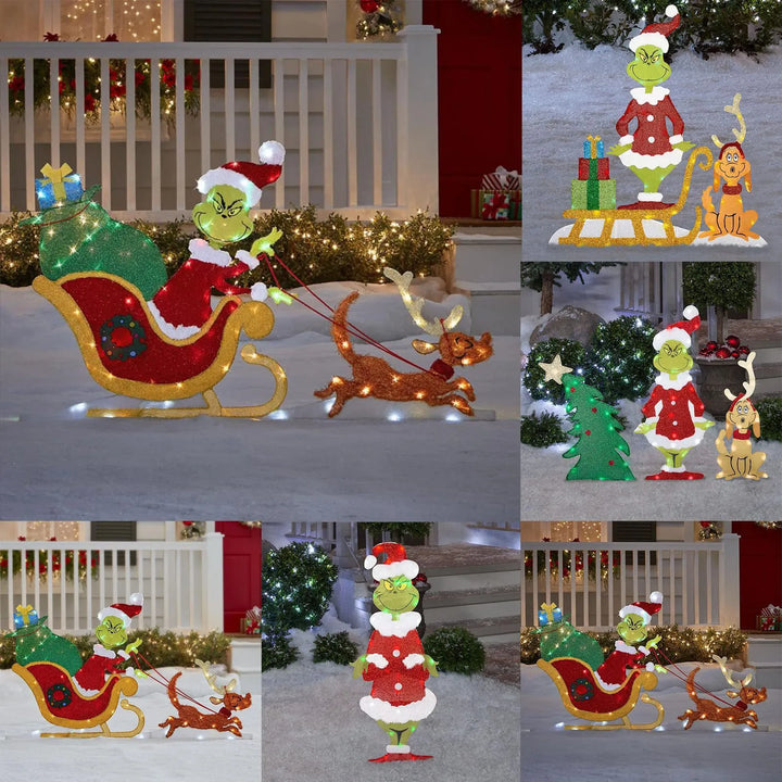 Festive Grinch character Christmas yard decoration with bright LED lights for outdoor holiday displays.