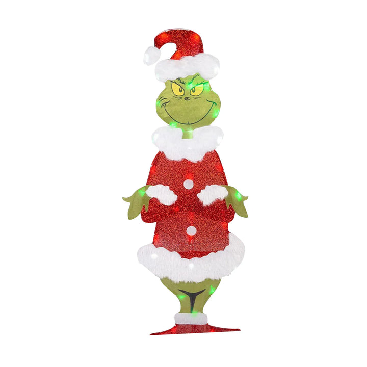 Cheerful Grinch outdoor Christmas decoration, illuminated with LED lights, perfect for garden holiday decor.