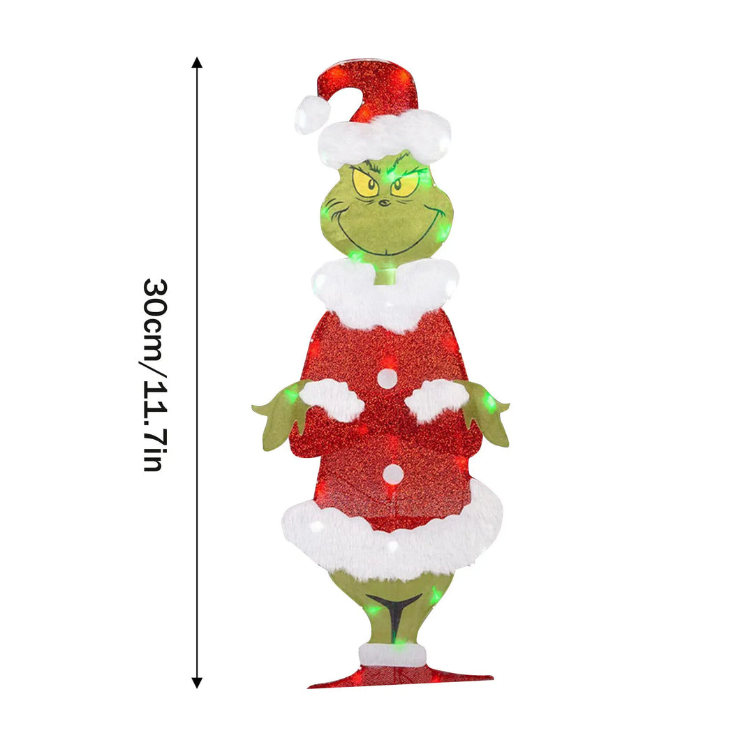 Outdoor Grinch Christmas character decoration with integrated LED lights, ideal for festive garden displays.