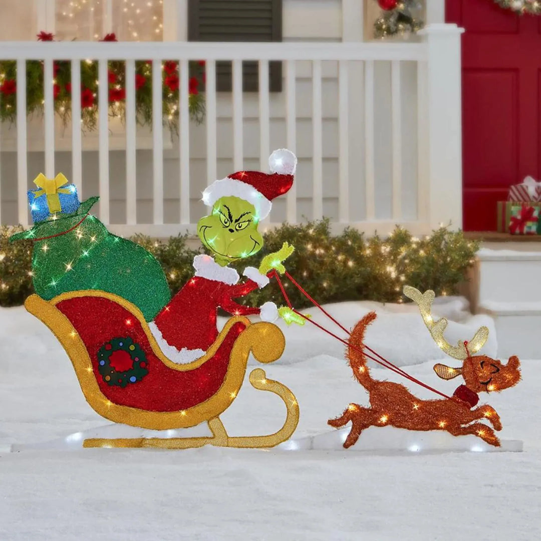 Seasonal Grinch outdoor light-up character, an LED Christmas garden decoration for holiday cheer.