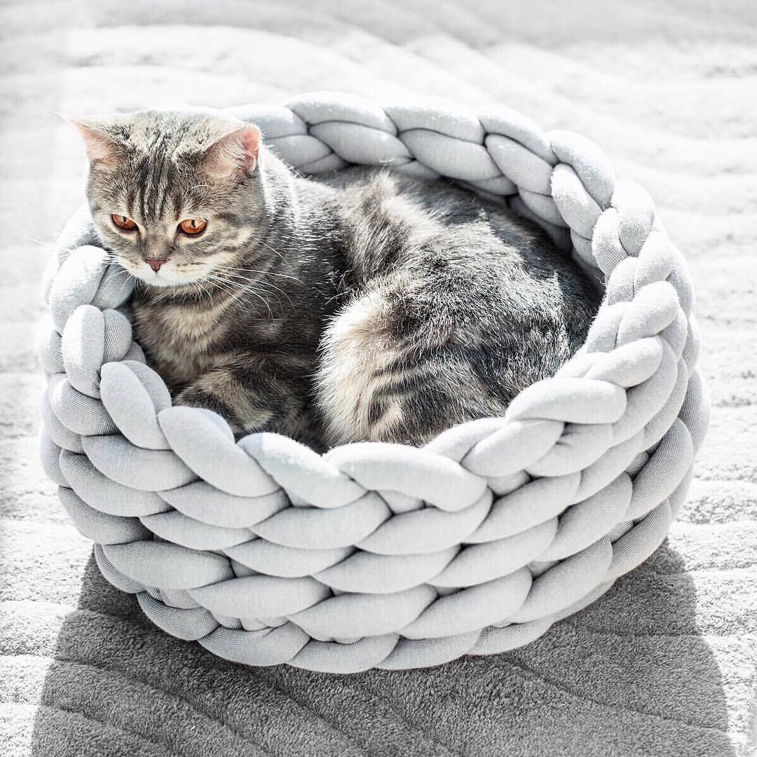 Hand-woven knit cat bed, cozy comfort for cats & kittens.