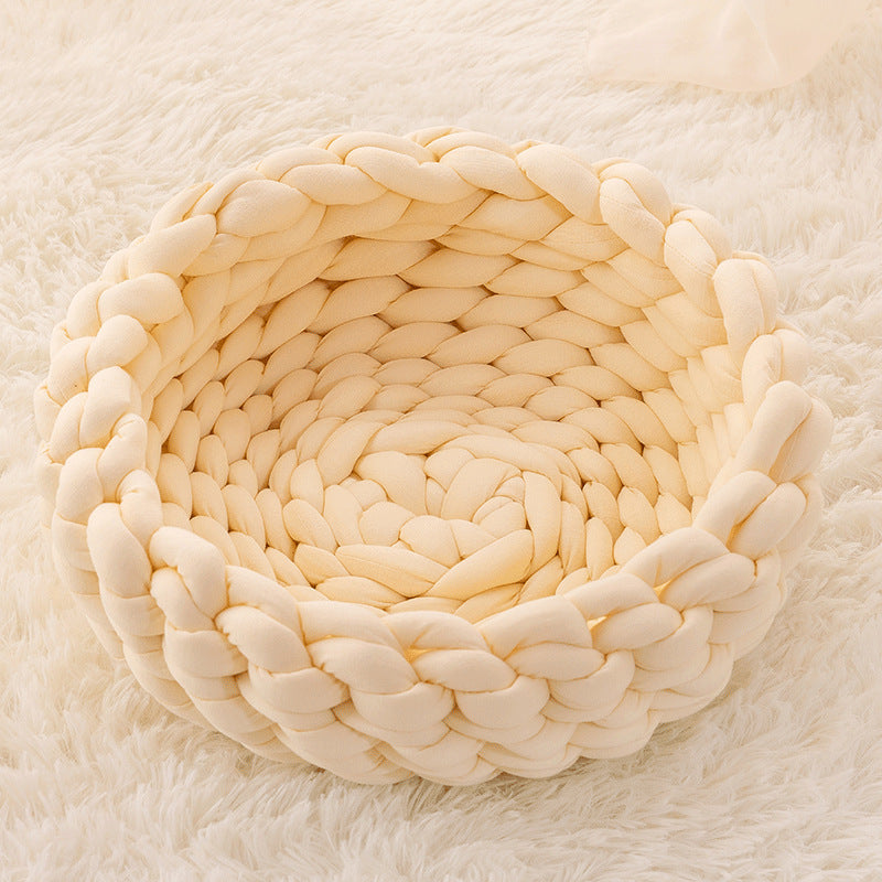 Hand-crafted knit cat bed for superior pet comfort, luxury design.
