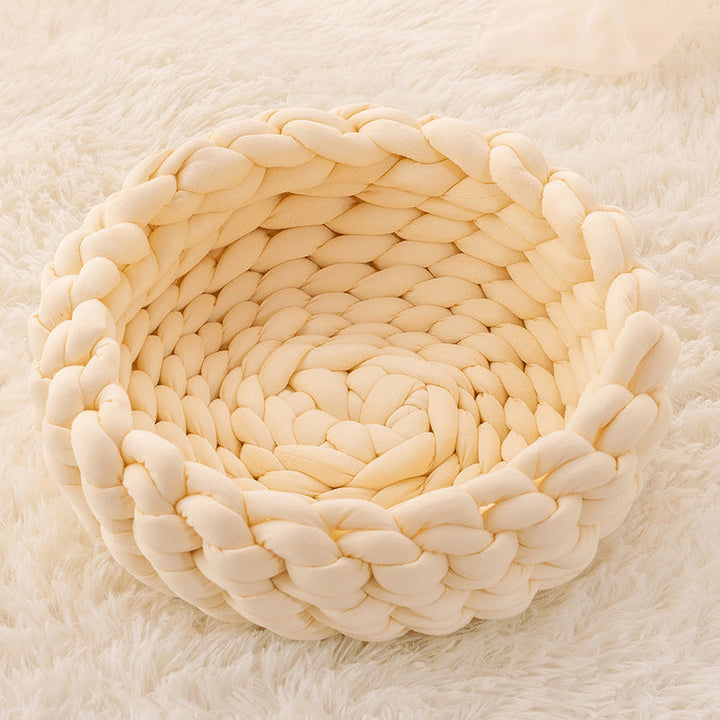 Hand-crafted knit cat bed for superior pet comfort, luxury design.