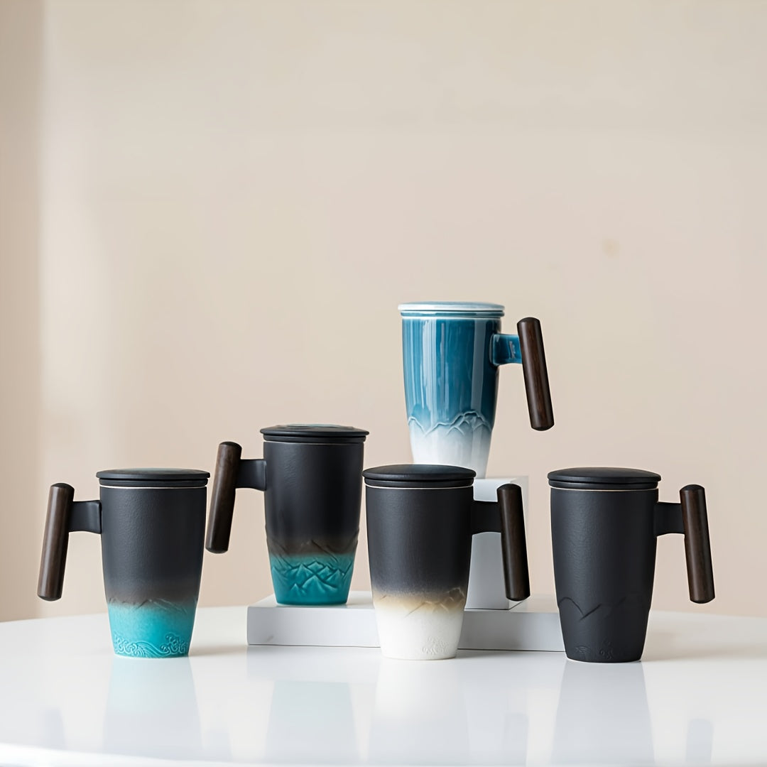 Versatile handmade ceramic mug with infuser, perfect for tea, coffee, and unique drinkware.