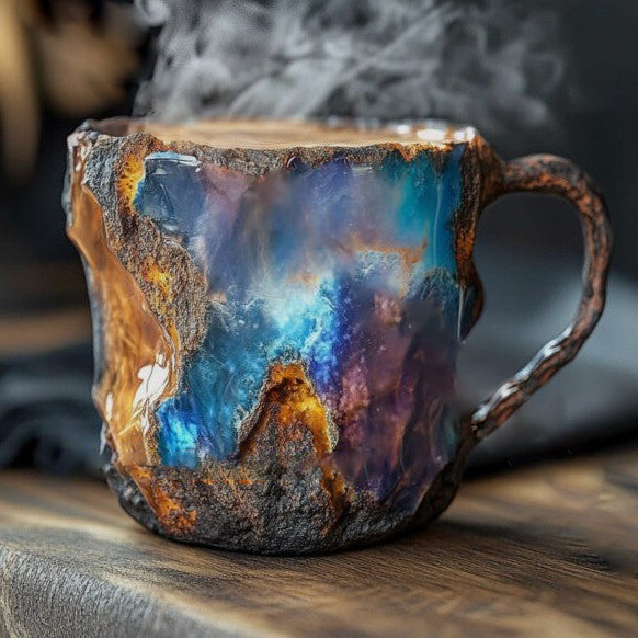 Elegant handcrafted crystal mug with unique mineral design. Insulated for hot or cold coffee and tea. Home decor.