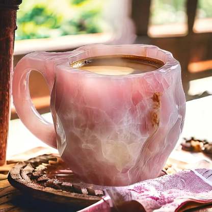 Close-up of a handcrafted crystal insulated mug, showing its unique mineral design and texture. Elegant coffee cup.