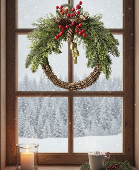 Rustic handmade Christmas wreath featuring natural pinecones, red berries, and charming bells. Perfect holiday decor.