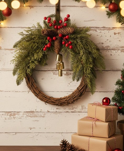 Unique Boho Farmhouse Christmas wreath, a blend of rustic charm and festive holiday decor with pinecones & berries.