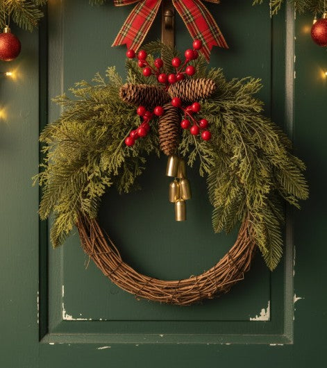 Boho Farmhouse Christmas wreath with pinecones, red berries & bells. Rustic handmade holiday decor for festive homes.