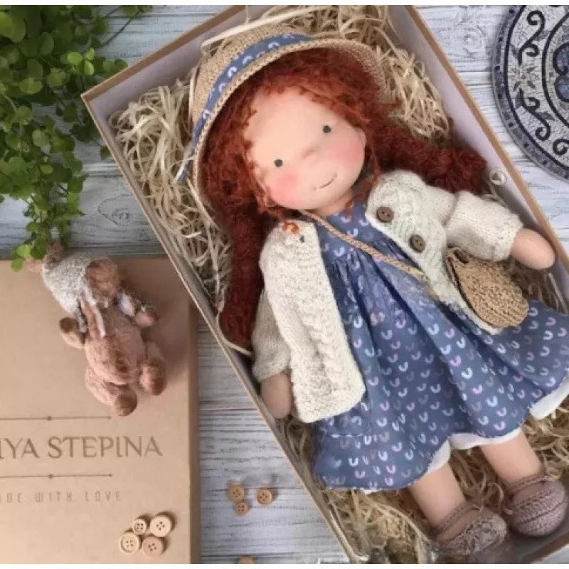 Eco-friendly handmade cotton Waldorf doll, a safe plush toy for little hands.