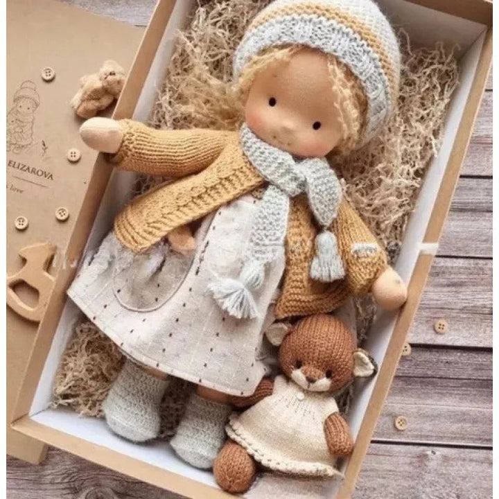 Charming handmade cotton plush doll, a Waldorf toy for endless adventures.