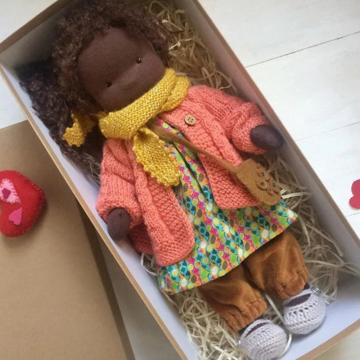 Imaginative play Waldorf doll, a soft handmade cotton plush toy for babies.