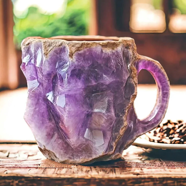 Handmade natural stone mug with unique crystal design, perfect for coffee, tea, or any luxury drinkware collection.