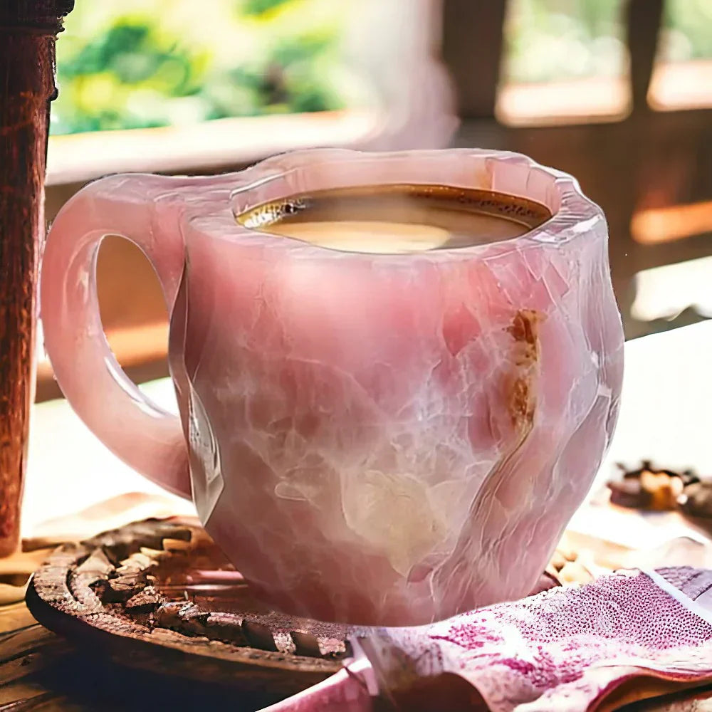 Elegant handmade stone mug featuring a unique crystal design, ideal for a sophisticated coffee or tea drinking experience.
