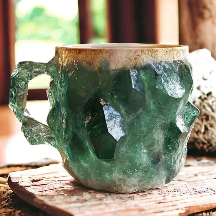 Unique handmade stone mug with crystal design, a durable coffee or tea cup and stylish home decor accessory.