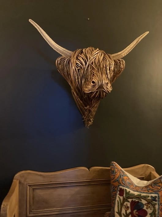 Handmade rustic rattan Toro wall sculpture, unique animal art for modern farmhouse & boho decor.