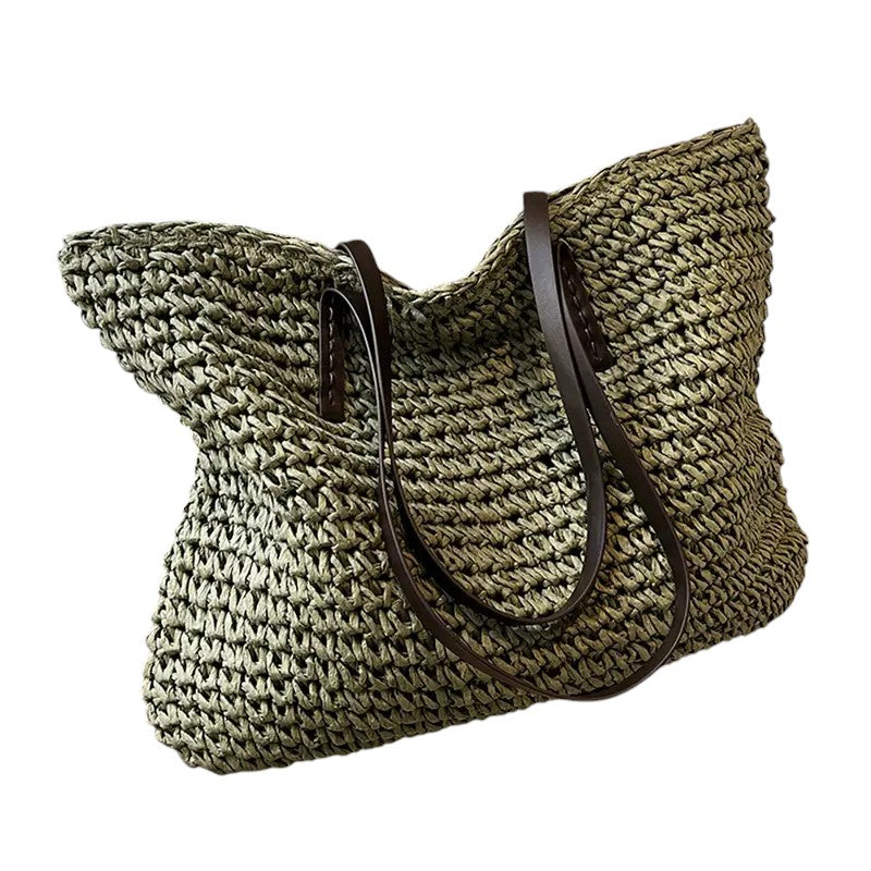 Handwoven straw tote bag for women, perfect for summer beach days and casual outings.