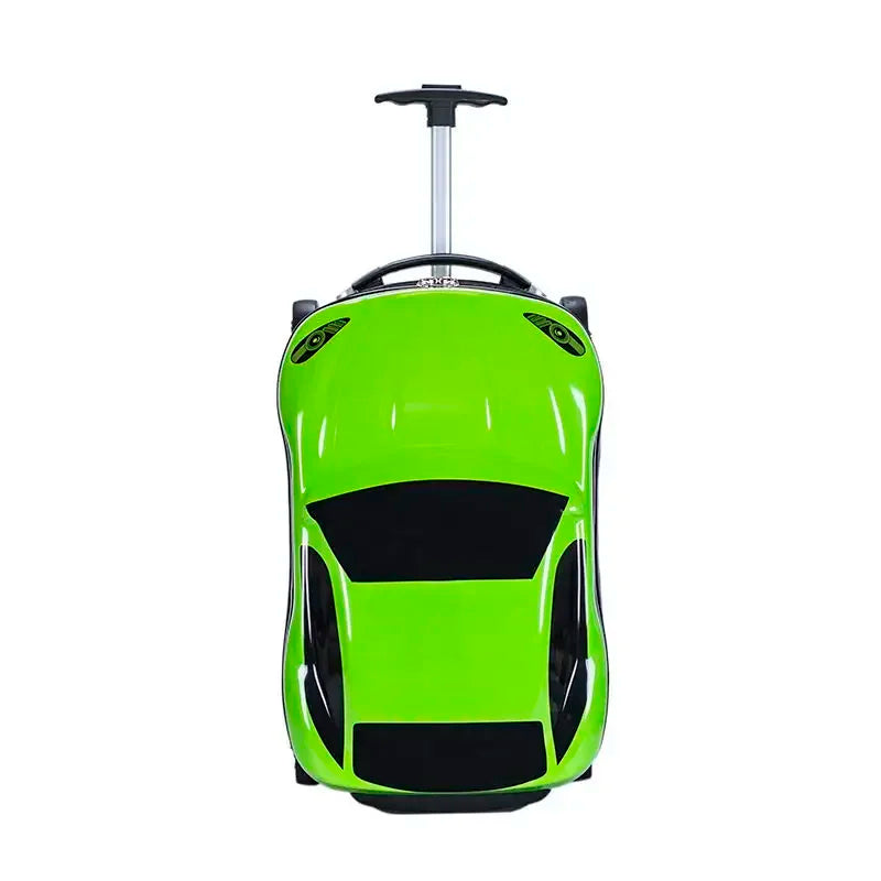 Compact hard-shell car ride-on luggage. Children's travel suitcase with 3D design, carry-on & spinner wheels.