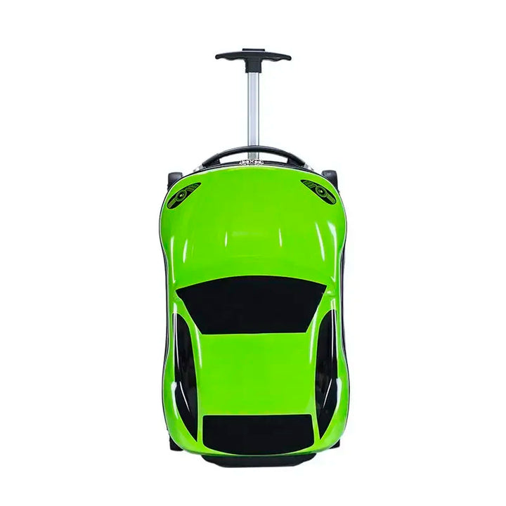 Compact hard-shell car ride-on luggage. Children's travel suitcase with 3D design, carry-on & spinner wheels.