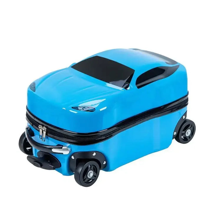 Red car-shaped ride-on luggage for kids. Durable hard-shell carry-on suitcase with smooth spinner wheels.