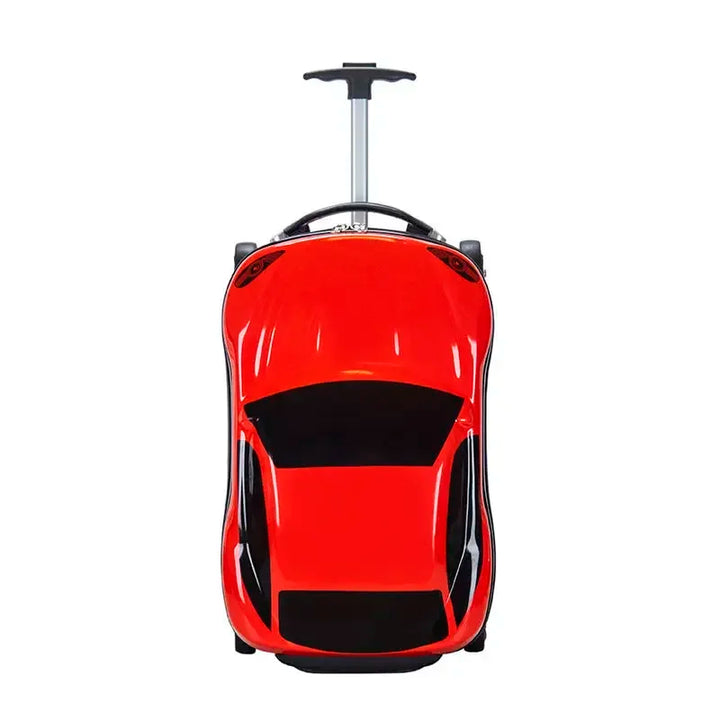 3D car design ride-on trunk for kids. Hard-shell toddler travel luggage with spinner wheels & pull handle.