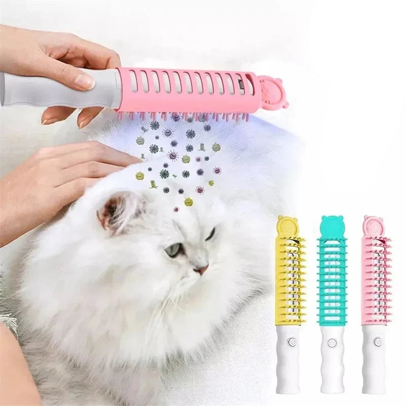 Heated electric pet grooming brush for gentle, soothing dog and cat coat care. Soft bristles, easy detangling.