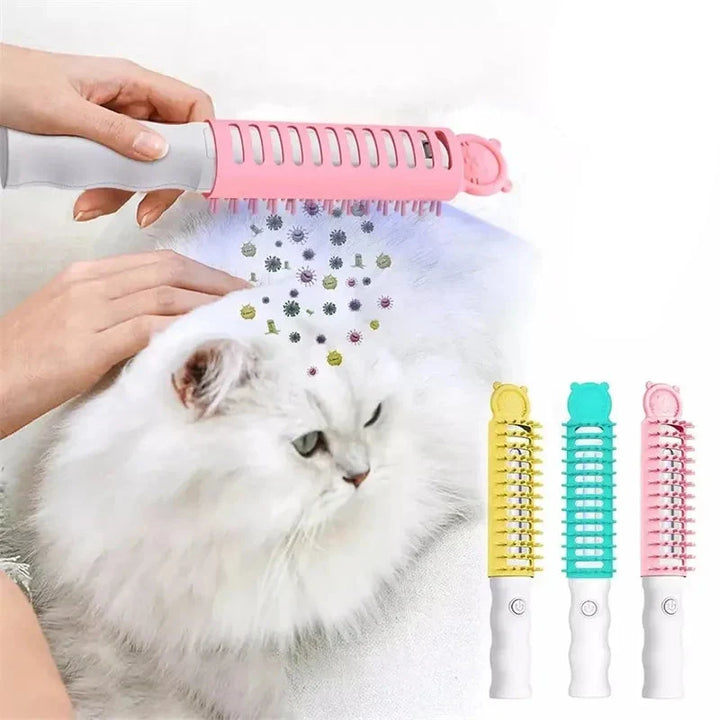 Heated electric pet grooming brush for gentle, soothing dog and cat coat care. Soft bristles, easy detangling.