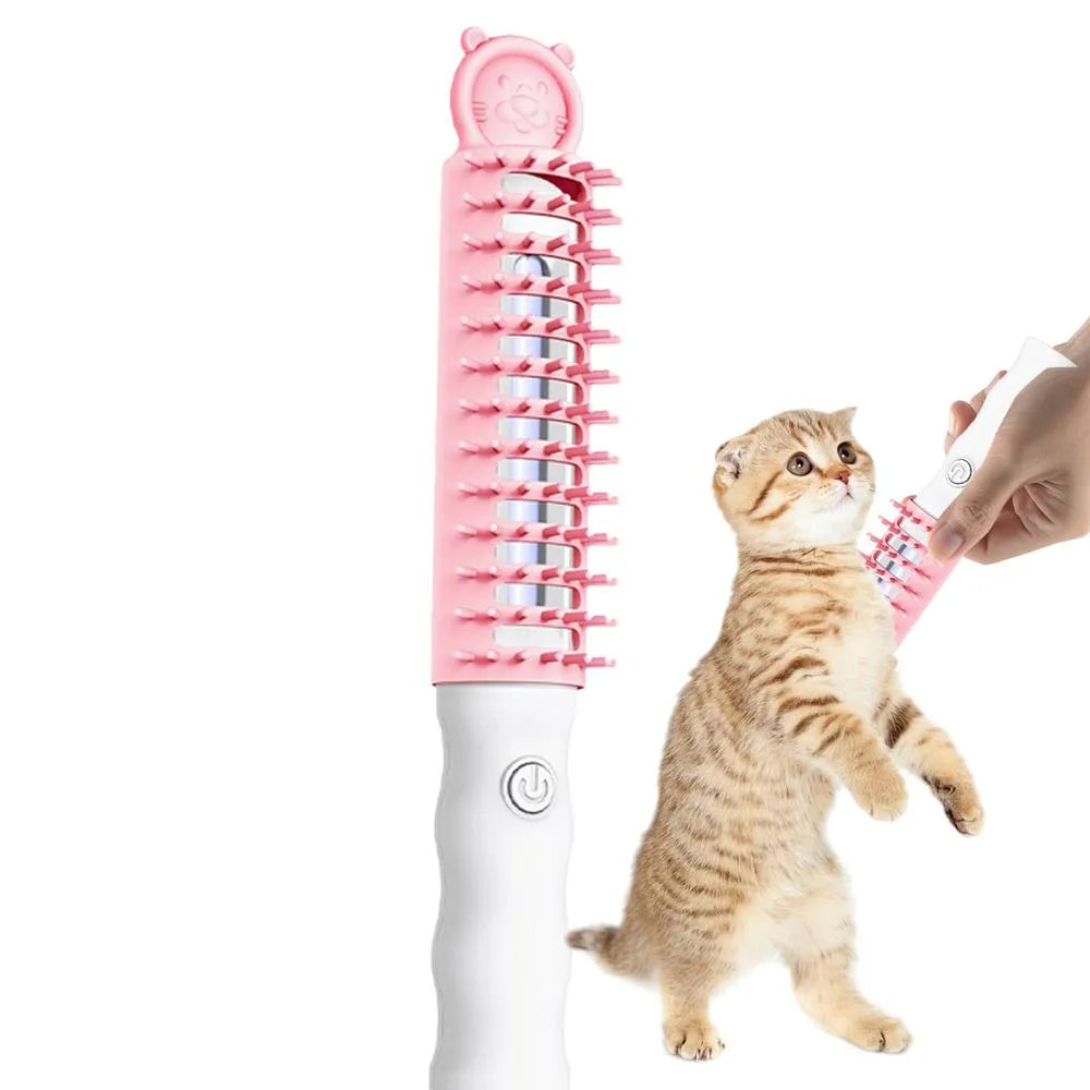 Heated electric grooming brush providing soothing coat care for pets. Promotes healthy fur & gentle detangling.