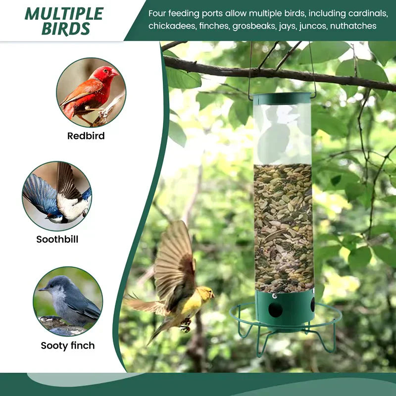 Garden essential: a heavy-duty metal squirrel-proof bird feeder, blends into nature.
