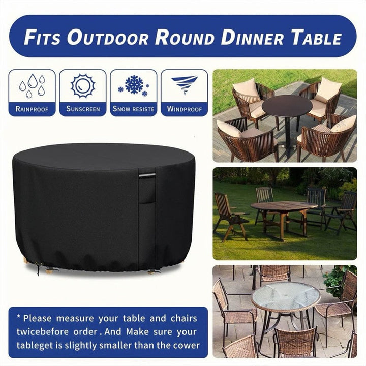 Heavy-duty round patio furniture cover with air vent, waterproof, UV protected, for outdoor garden.