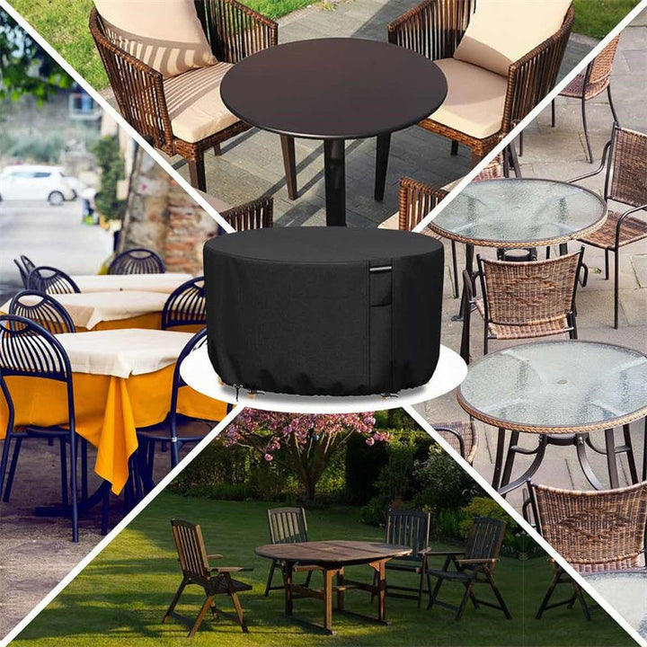 Heavy-duty round patio furniture cover, waterproof, UV protected, with air vent, for outdoor garden protection.