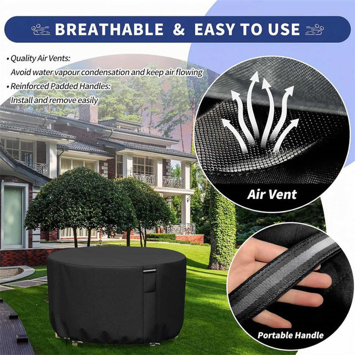 Round heavy-duty patio cover. Weather-resistant outdoor furniture protection with air vent, UV block.