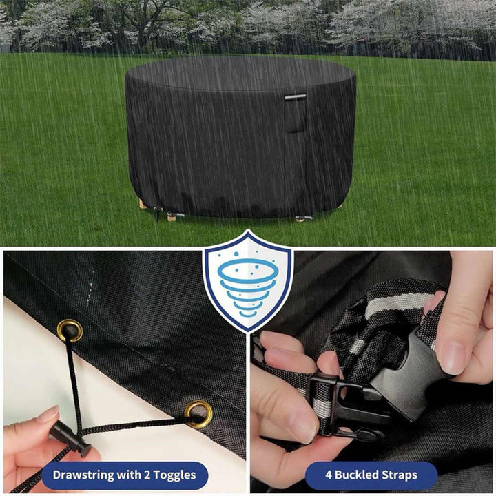 Heavy-duty round patio furniture cover, waterproof, UV protected, with air vent for outdoor garden sets.