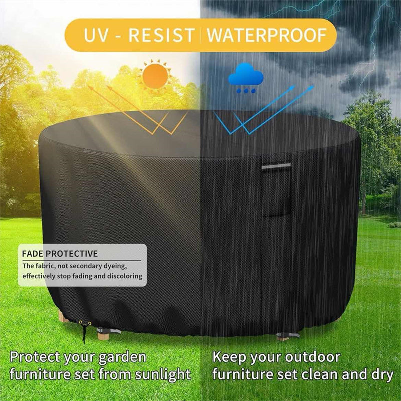 Durable round patio furniture cover, heavy-duty and weather-resistant, protects outdoor garden set.