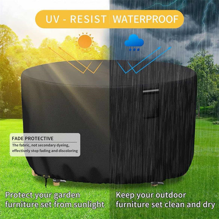 Durable round patio furniture cover, heavy-duty and weather-resistant, protects outdoor garden set.