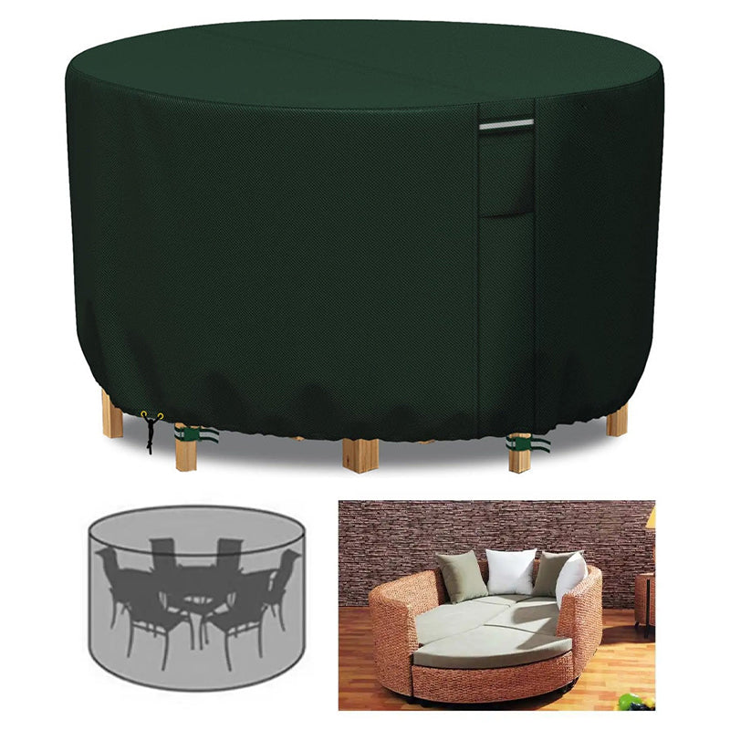 Large round outdoor furniture cover, heavy-duty, waterproof, UV protected garden patio shield.