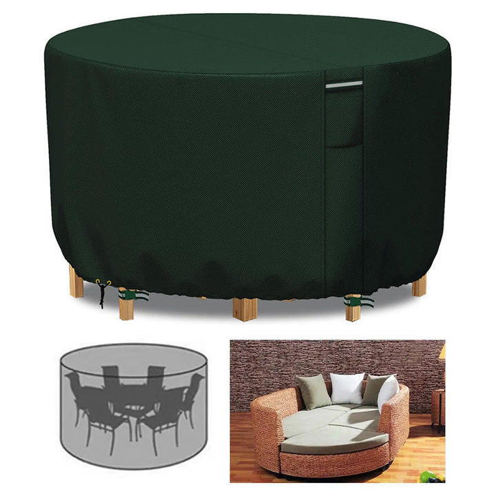 Large round outdoor furniture cover, heavy-duty, waterproof, UV protected garden patio shield.