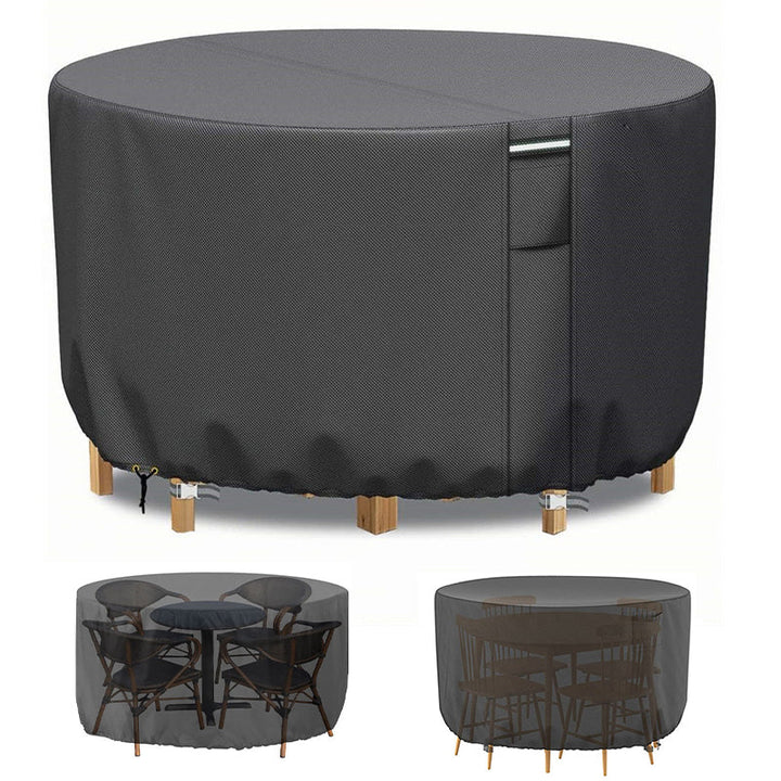 Weather-resistant heavy-duty round patio cover, protects outdoor furniture from elements, with air vent.