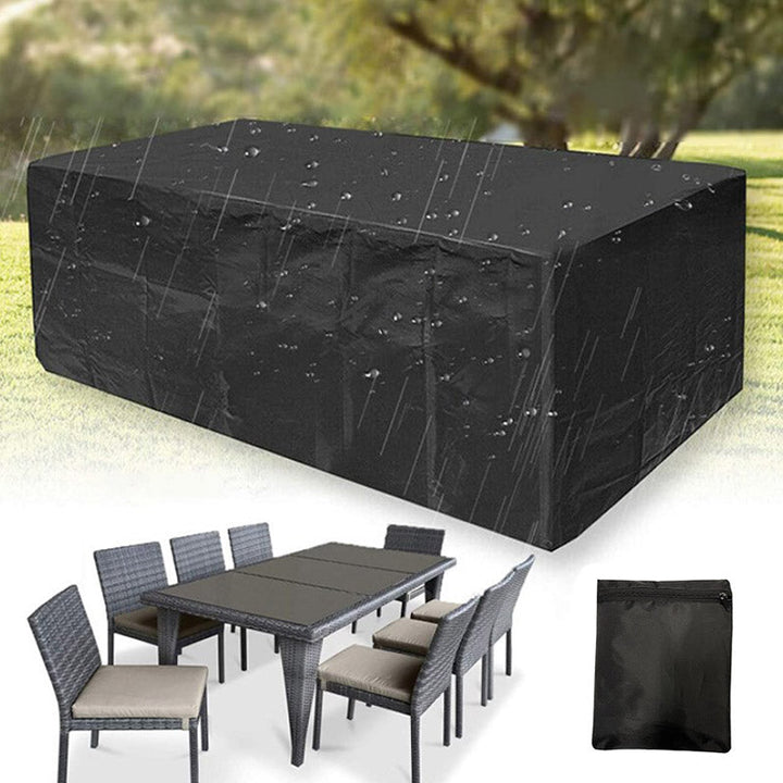Outdoor furniture cover, weather-resistant material protecting patio sets from elements.