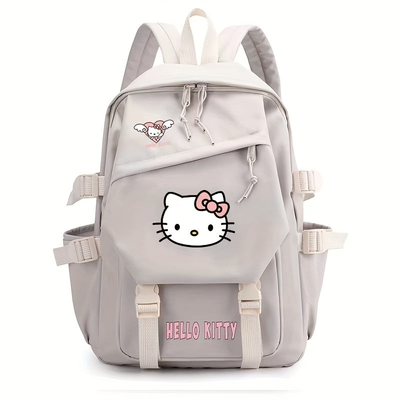 Pink nylon Hello Kitty kids backpack with playful design, a durable school bag for girls' daily use.