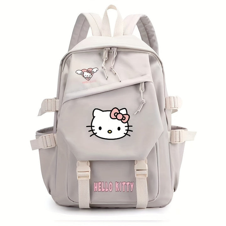Pink nylon Hello Kitty kids backpack with playful design, a durable school bag for girls' daily use.