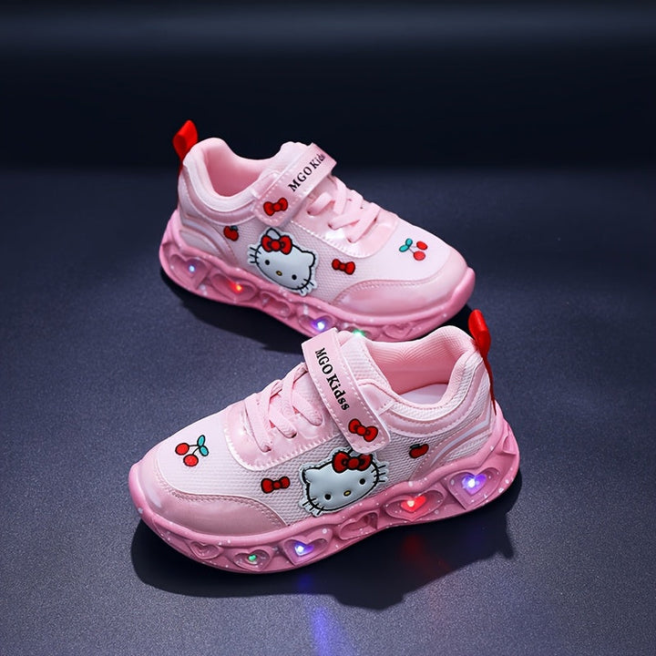 White Hello Kitty light-up sneakers for kids, stylish LED shoes with a cushioned, breathable design.