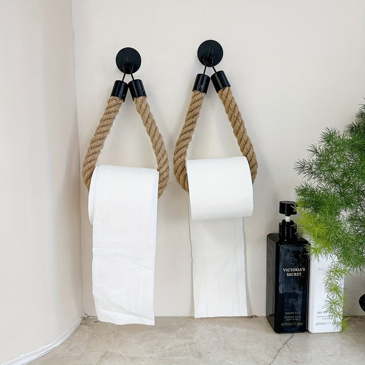 Natural hemp rope toilet paper holder. Wall-mounted for rustic, stylish bathroom storage and decor.