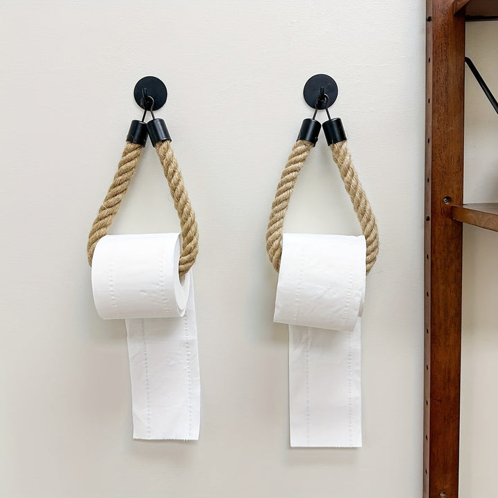 Rustic wall decor: hemp rope toilet paper holder. Stylish, natural fiber accessory for bathrooms.