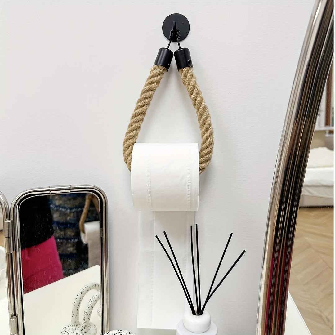 Hemp rope toilet paper holder, wall mounted. Adds a rustic, natural touch to any stylish bathroom.