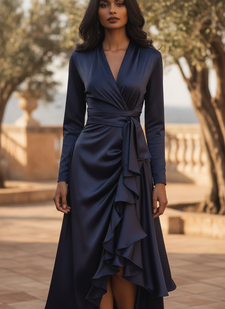 Elegant women's pleated ruffle maxi dress with long sleeves & V-neck, perfect for formal occasions.