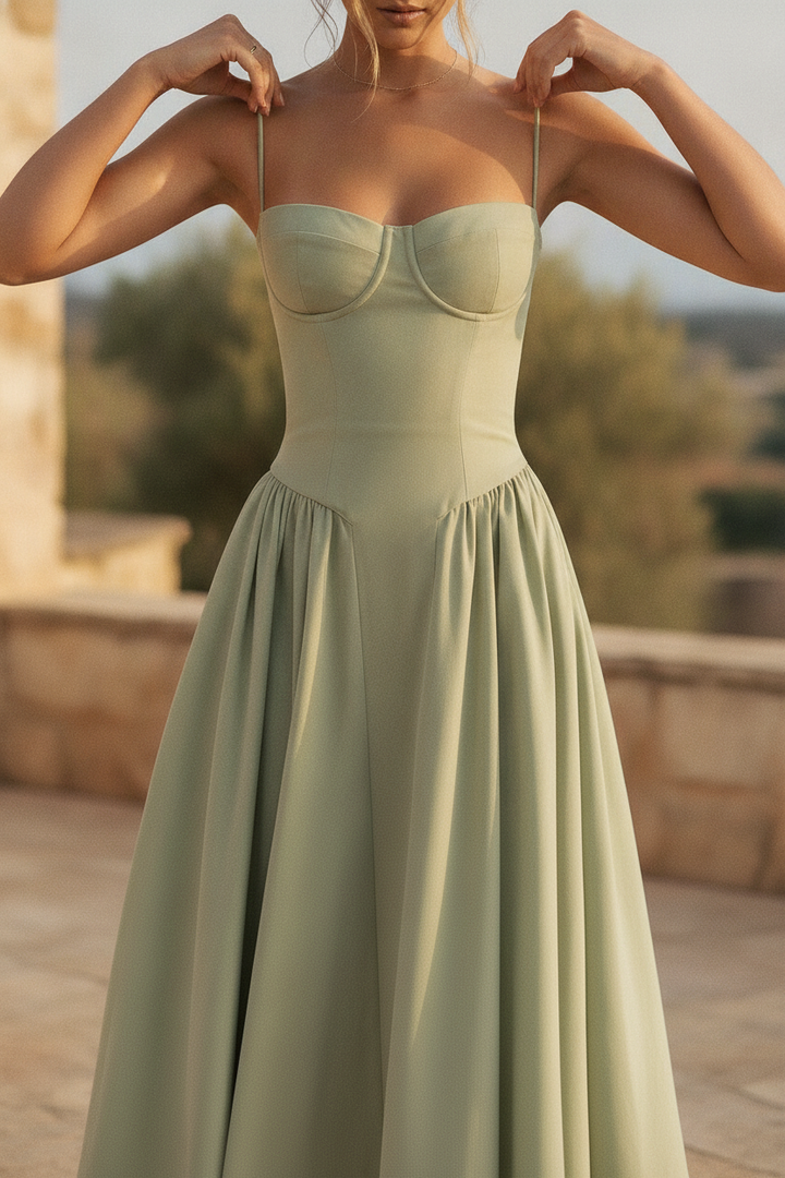 Women's corset midi dress with adjustable straps, perfect for elegant occasion wear.