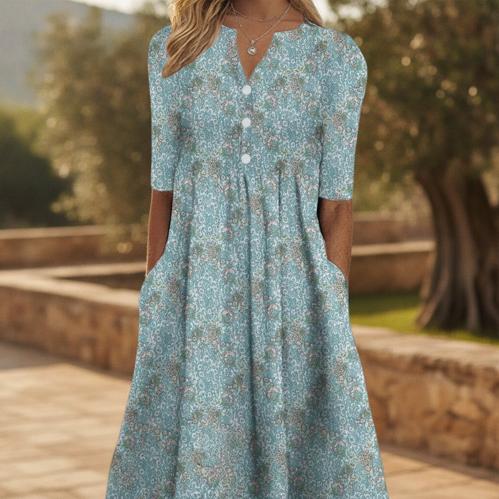Women's Juliette floral buttoned midi dress in vibrant blue, perfect for spring/summer casual elegance or day wear.